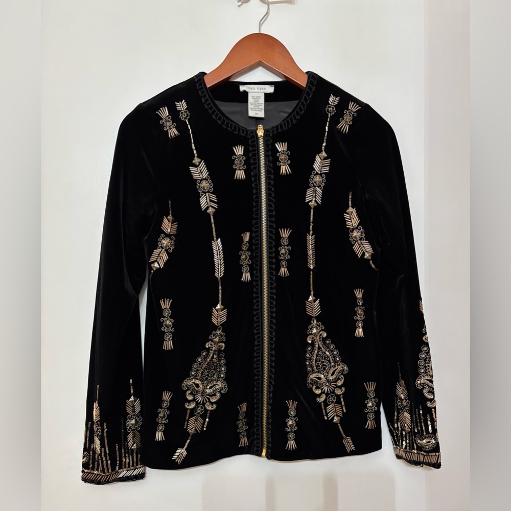 Joan Vass Black Velvet Zip Front Gold Embroidered Sequins Jacket Top Women Small